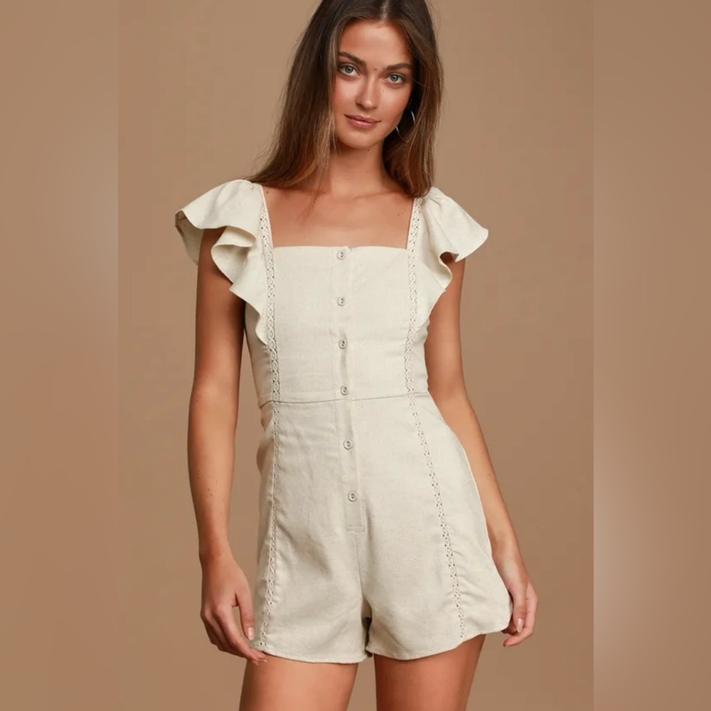 Lulus x Lush - Called It Beige Sleeveless Ruffled Button-Up Romper - Size S